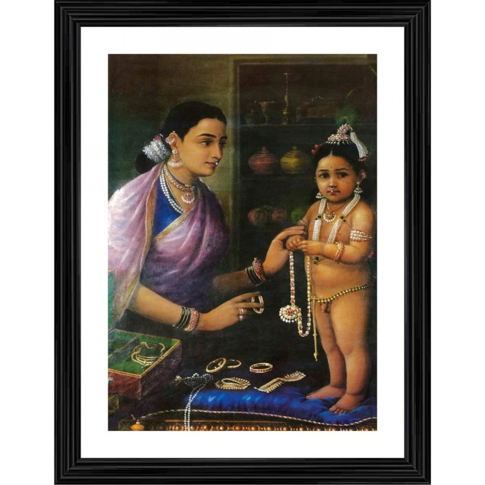 Multicolor Yashoda Bal Krishna with Cow 1879 painting in wood frame, lightweight wall-mounted art (14x18")
