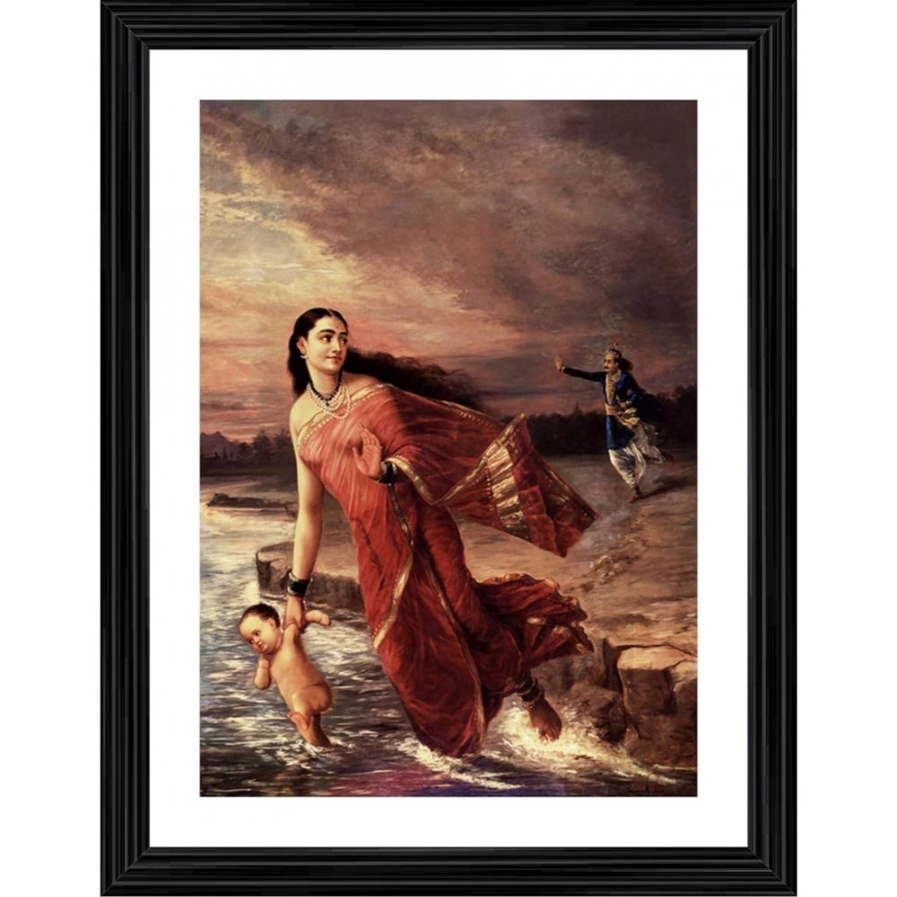 Multicolor wood-framed painting of Ganga and Shantanu (1890), lightweight wall mount, 14"x18" size