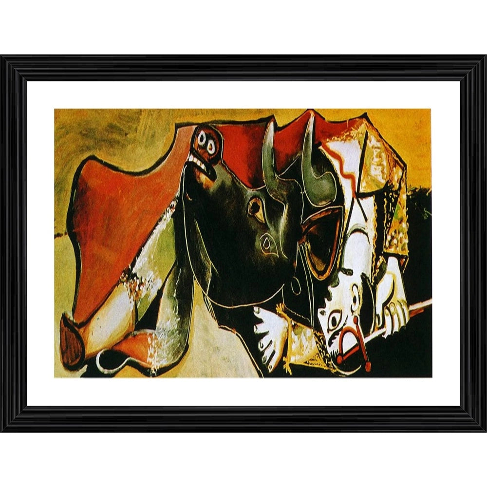 Multi-colored bullfight painting with wooden frame, lightweight for wall mount, 14"x18" size