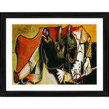 Multi-colored bullfight painting with wooden frame, lightweight for wall mount, 14"x18" size