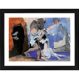 Multicolor wood-framed painting of Minotaur with Dead Mare in front of a Cave, 14"x18", lightweight wall mount for display