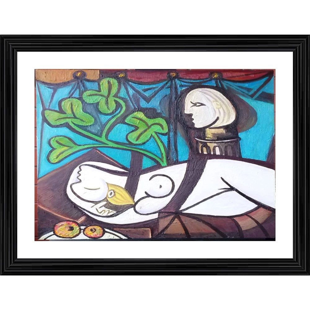 Multi-colored wood framed painting of Nude Green Leaves and Bust (1932), lightweight for wall mount, 14"x18" size