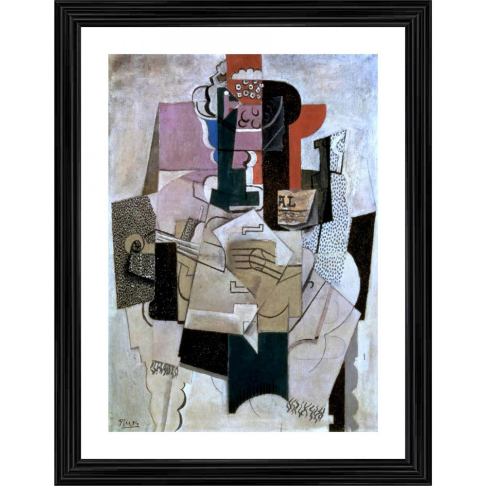 Multi-colored 1914 Bowl of Fruit Violin and Bottle painting wood frame, lightweight wall mount, size 14x18 inches