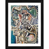 Multicolor wood-framed painting of a musketeer with sword, 14"x18", wall mountable, lightweight design