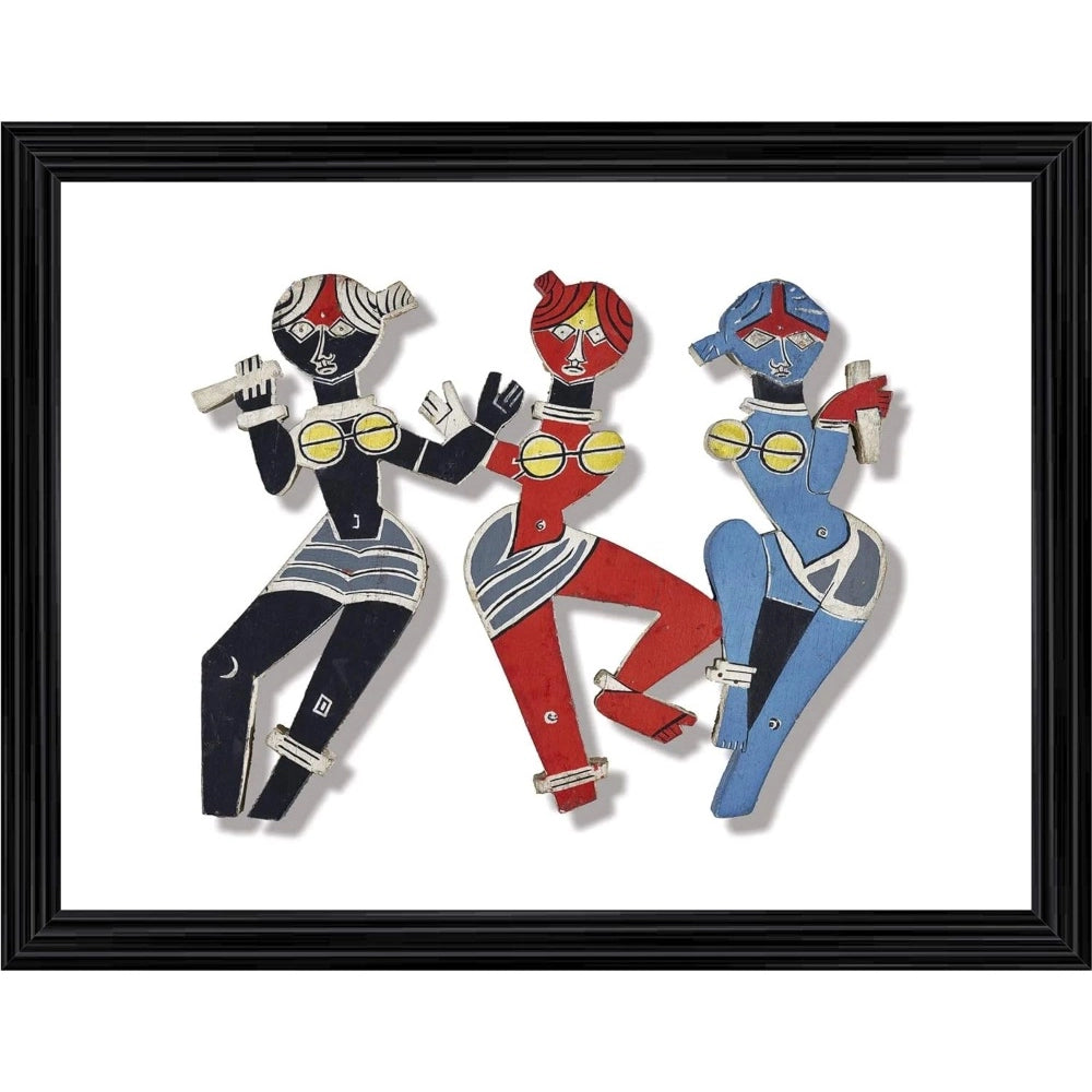 Multicolor wooden framed photo frame with Lady Dancers painting, lightweight for wall mount (14x18 inches)