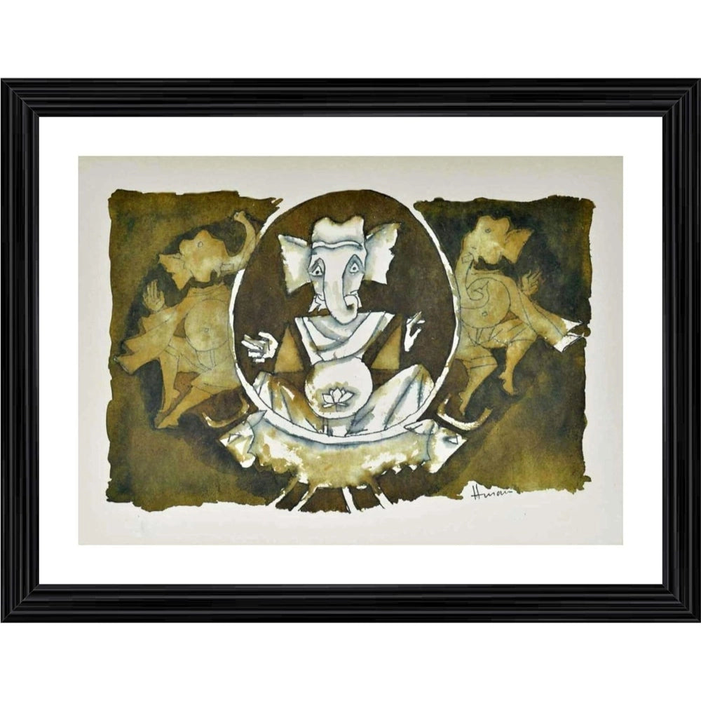 Multicolor wood-framed Shree Ganesh painting, lightweight for wall mounting (14x18")