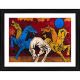 Multicolor wood framed photo frame featuring five horses painting, lightweight wall mount, 14"x18" size