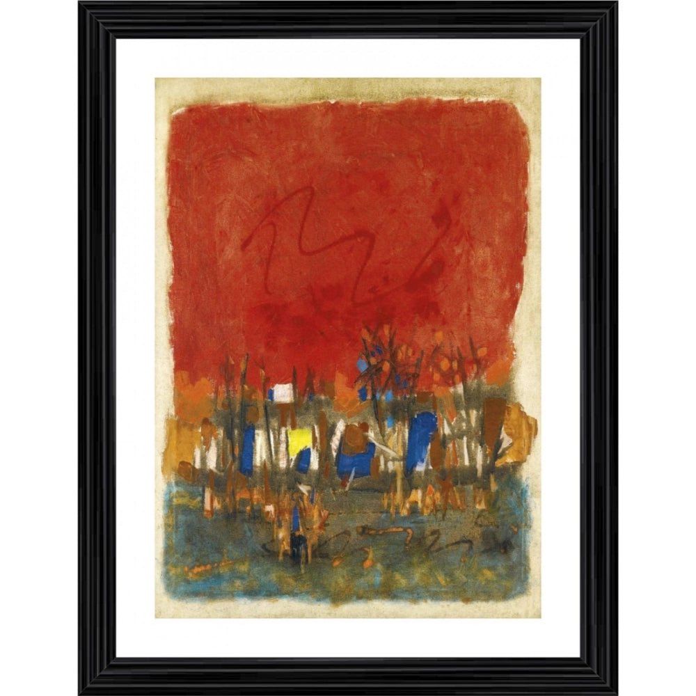 Multicolor wood framed Red Landscape 1964 painting, lightweight wall mount (14"x18")
