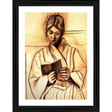Multi-colored wood framed painting of Woman Olga Reading a Book (1920), lightweight wall mount for 14"x18" photo display