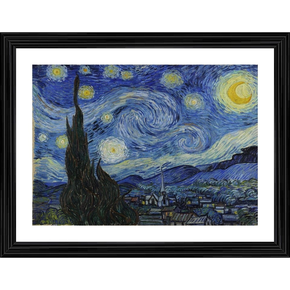 Multicolor wood Starry Night 1889 painting framed art for wall mount, lightweight and vibrant