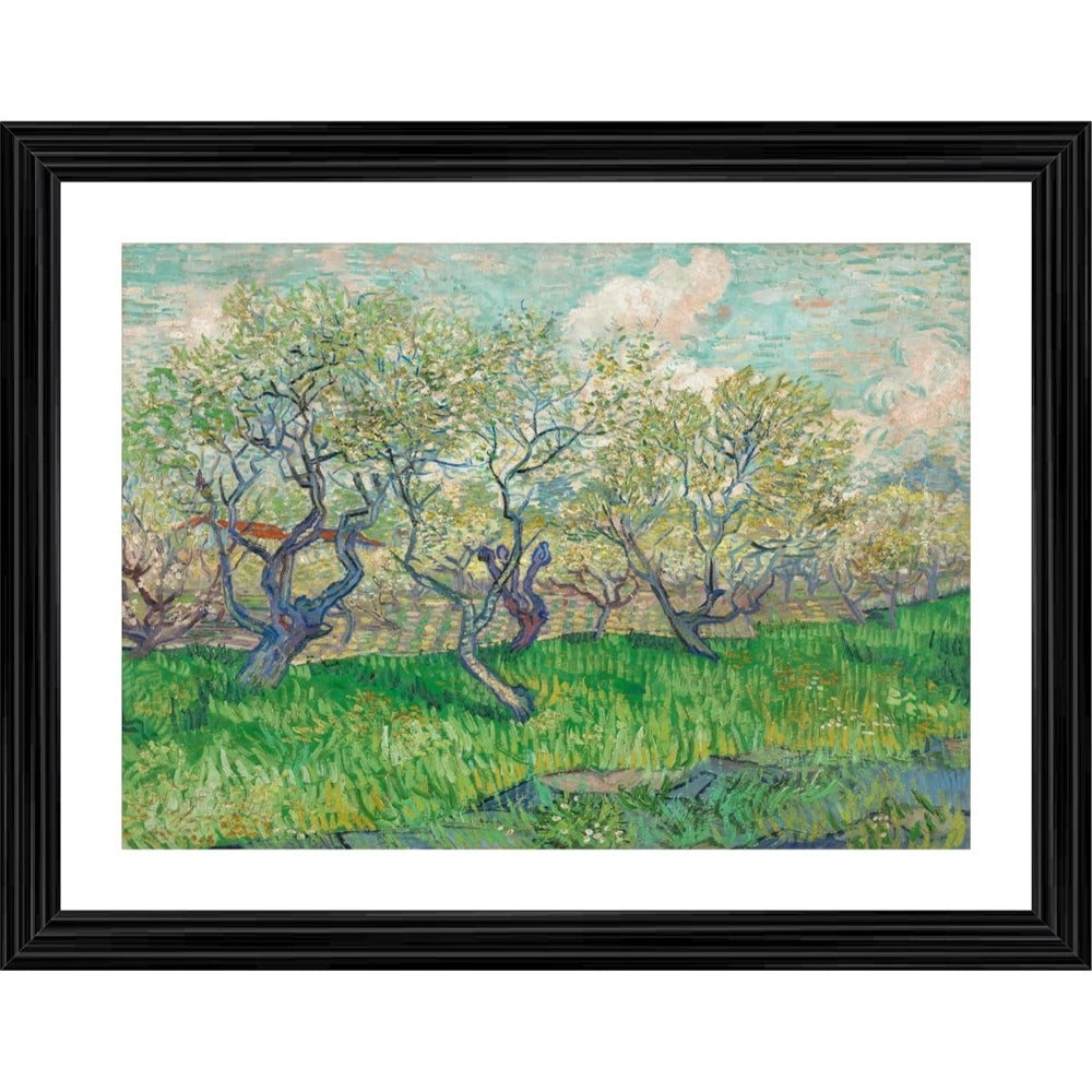 Multicolor wood-framed painting depicting an orchard in blossom, suitable for wall mounting