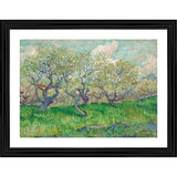 Multicolor wood-framed painting depicting an orchard in blossom, suitable for wall mounting