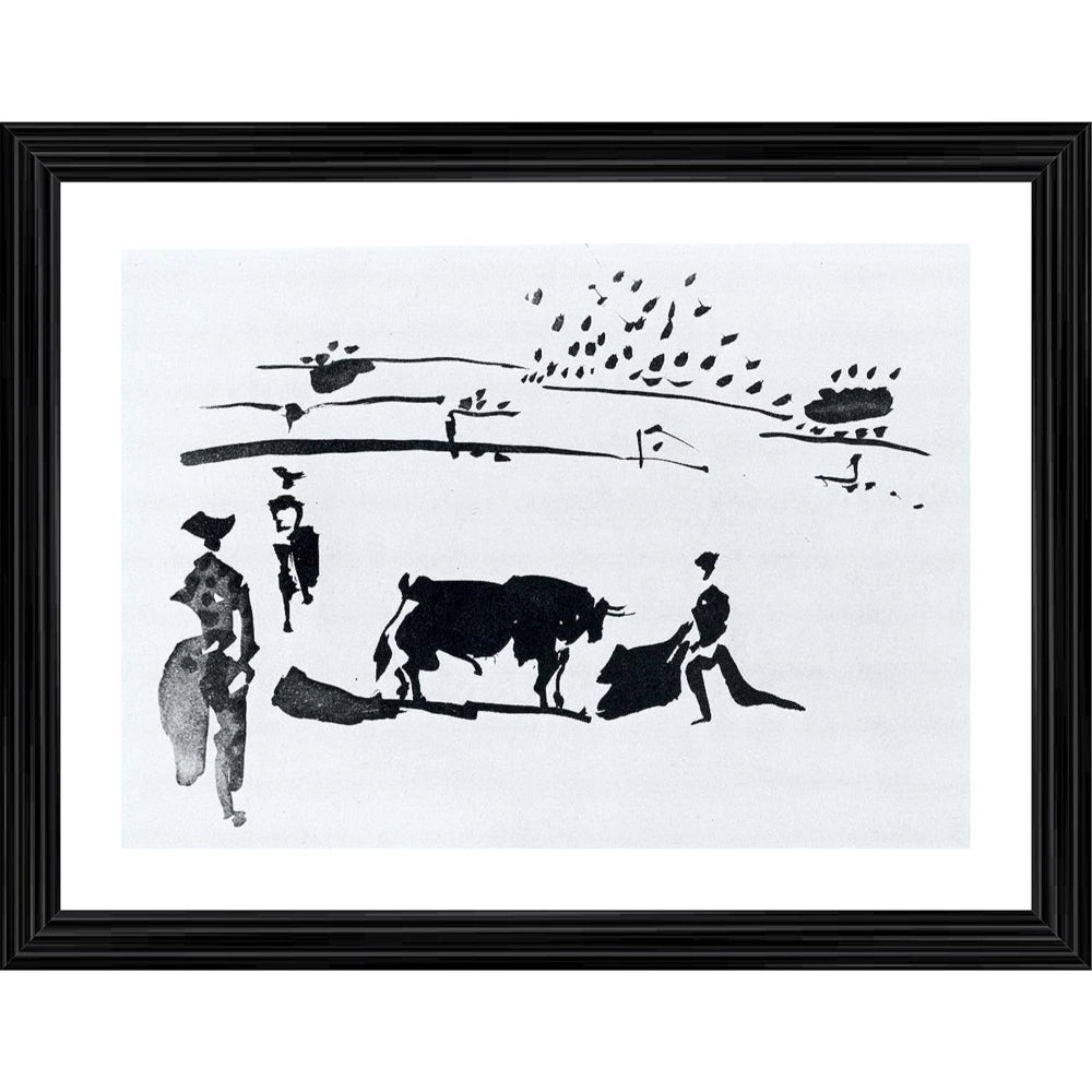 Multi-colored bullfight painting with lightweight wood frame (14x18"), suitable for wall mounting