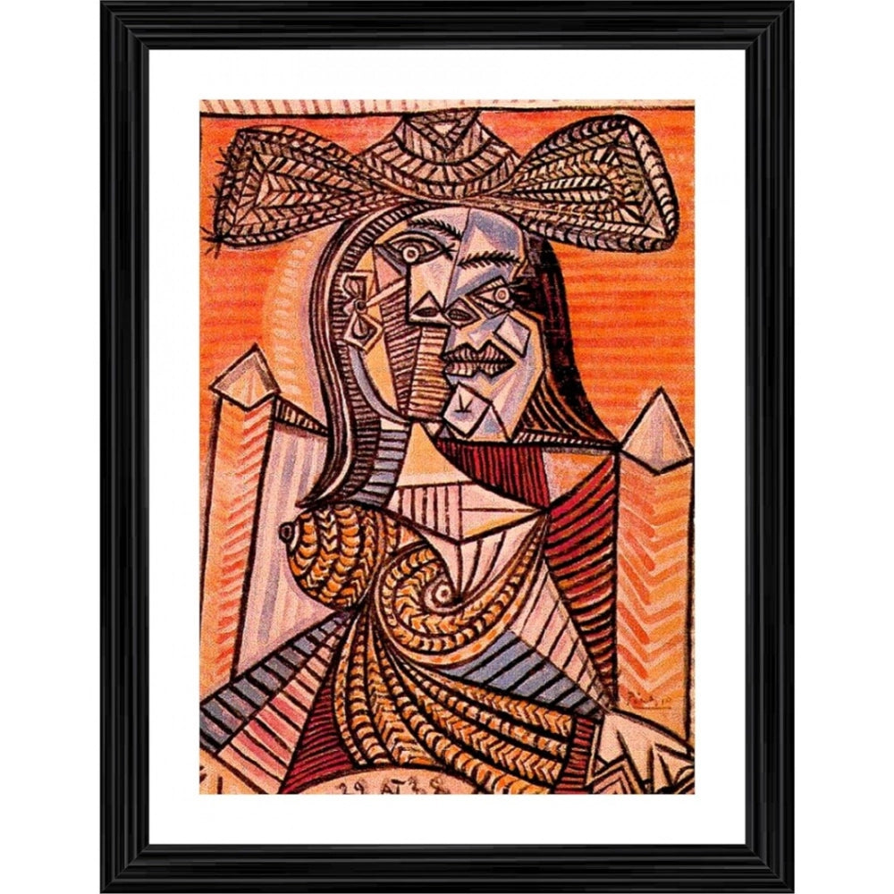 Multicolor wood framed painting of a seated woman (14x18"), lightweight for wall mounting