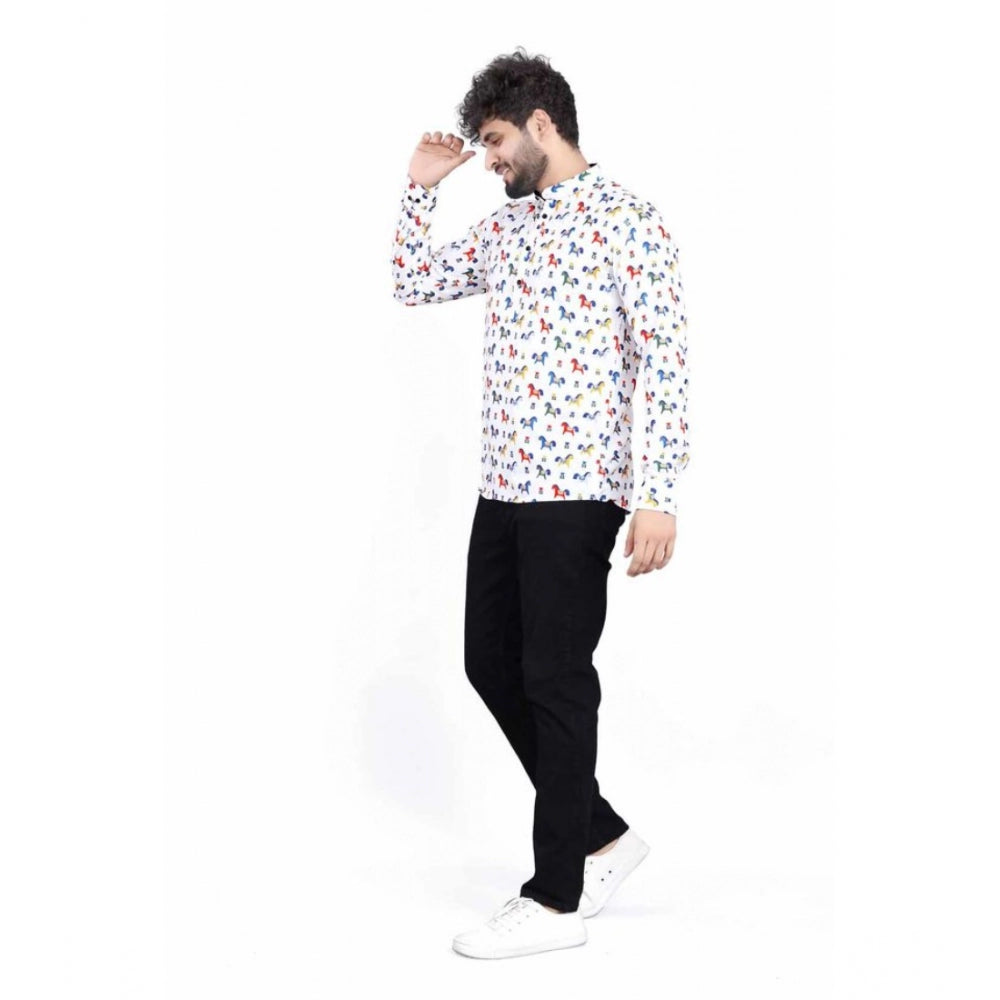 Multi-colored cotton blended printed full sleeve shortkurta for men on display