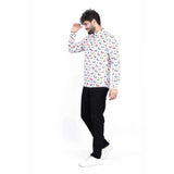 Multi-colored cotton blended printed full sleeve shortkurta for men on display
