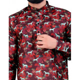 Men's multicolor printed cotton blended full sleeve shortkurta with mandarin neck on display stand