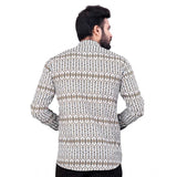 Men's multicolor cotton blended printed full sleeve shortkurta with mandarin neck on display stand