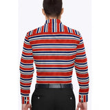 Red-Blue striped cotton blended men's full sleeve shirt on hanger
