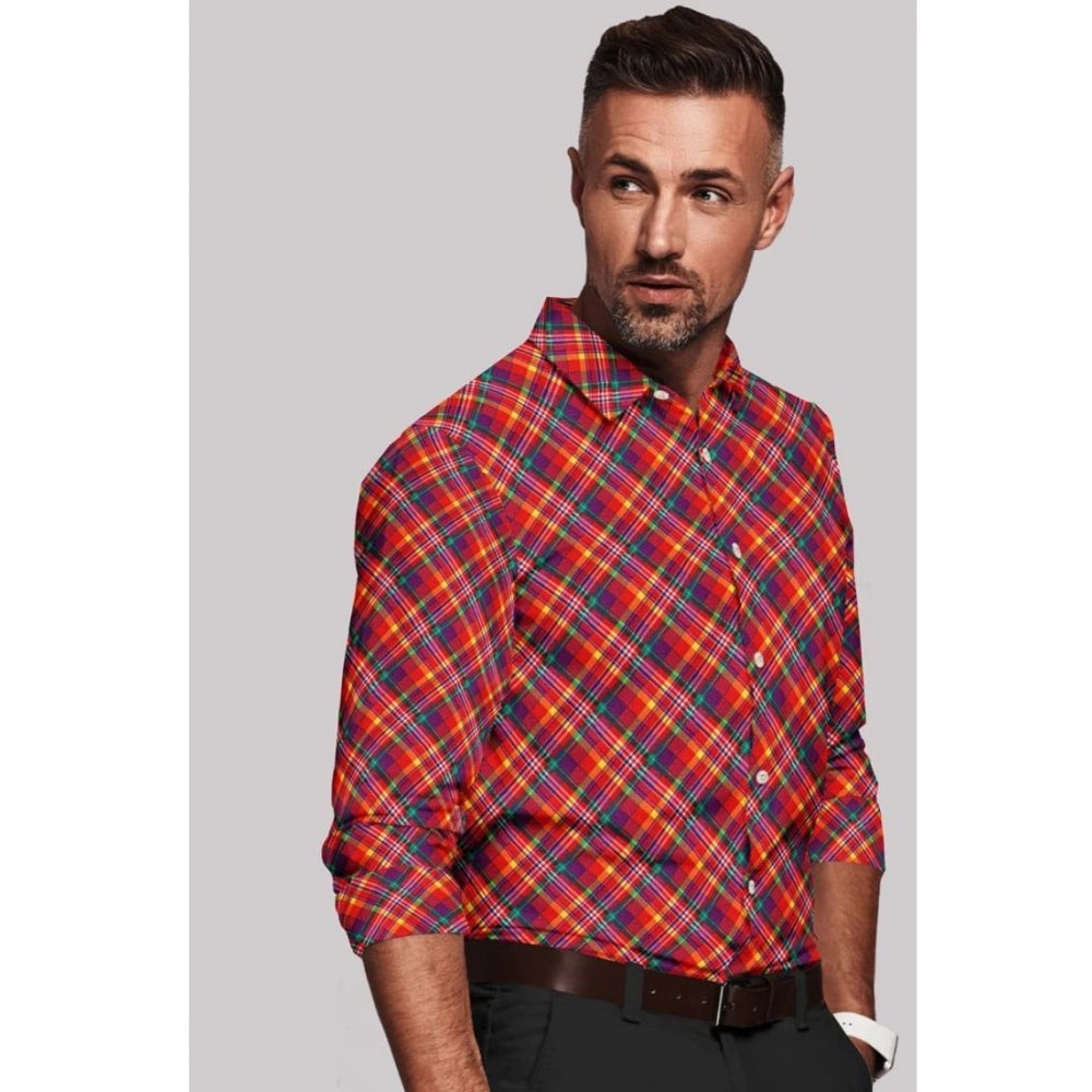 Red cotton blended checked full sleeve shirt on hanger