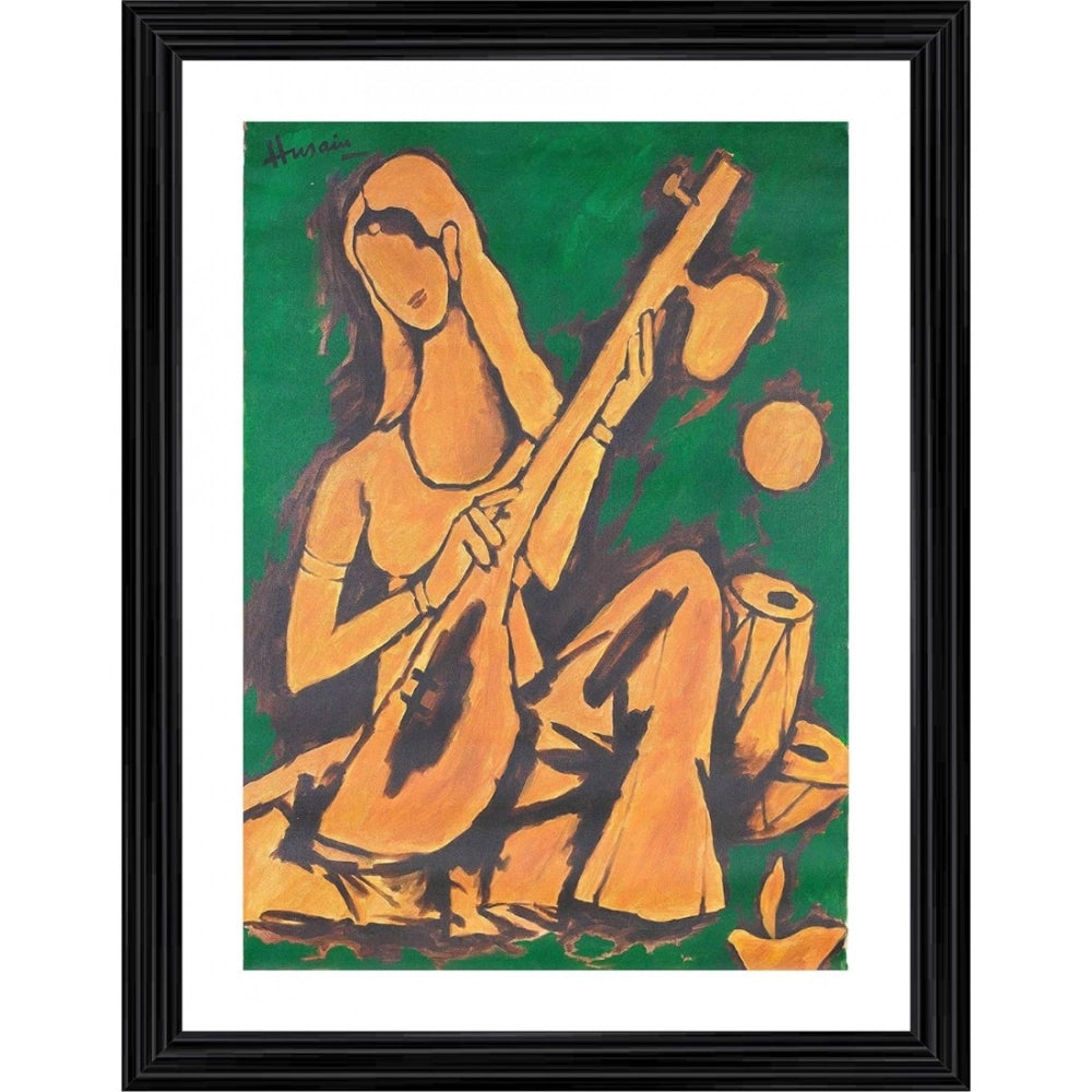 Multicolor wood framed photo frame featuring a lady with veena painting, lightweight for wall mount, 14"x18" size