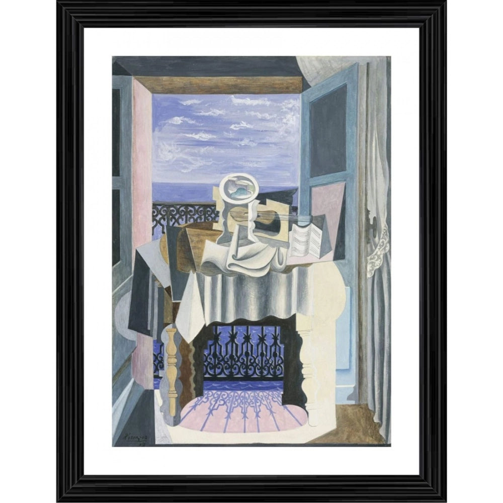 Multi-colored wood framed painting of Saint Raphael depicting life in front of a window, lightweight for wall mounting (14"x18")