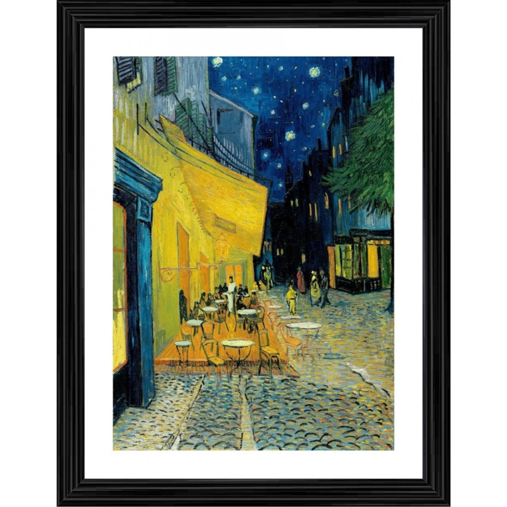 Multicolor wood framed painting of Terrace at Night 1888, lightweight wall mount for display