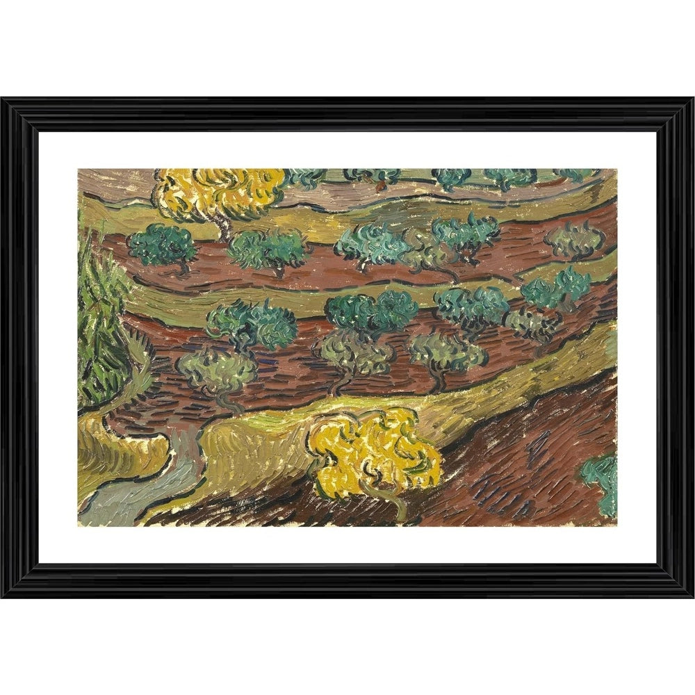 Multicolor wood-framed painting of olive trees on a hillside (14x18), lightweight for wall mount