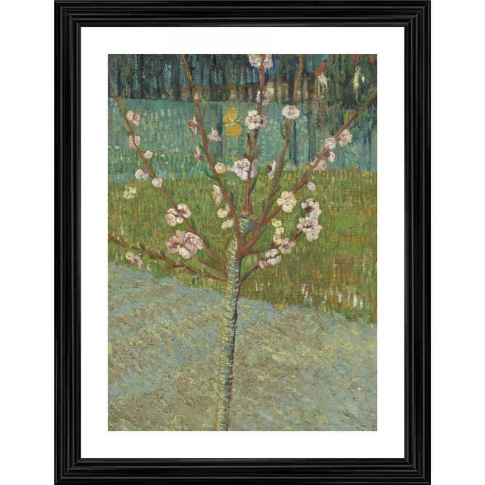 Multi-colored wood frame featuring a Peach Tree in Blossom 1888 painting, lightweight for wall mounting (14x18)