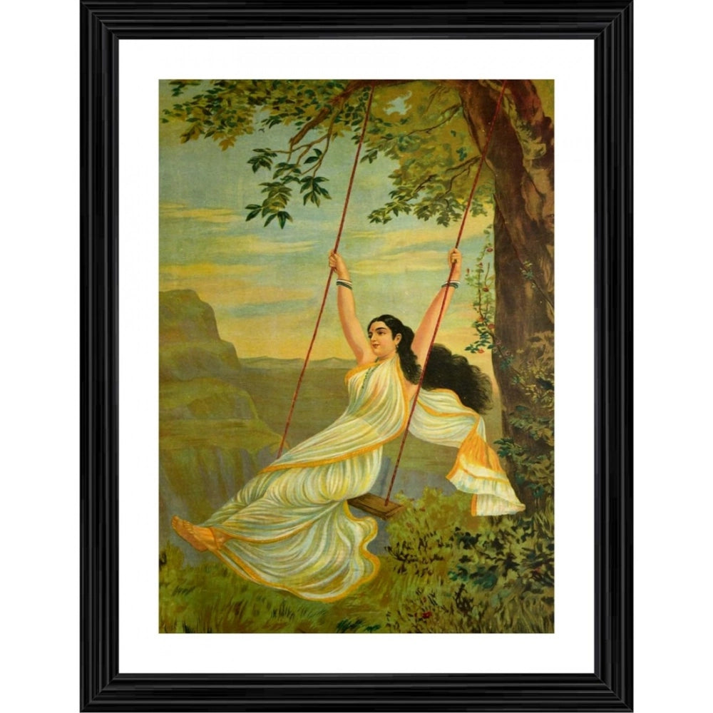 Multicolor wooden framed painting "Mohini on a Swing" (14x18"), lightweight for wall mount