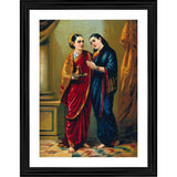 Multicolor wooden framed painting of Draupadi and Sudeshna (1896), lightweight wall mount, 14"x18" size