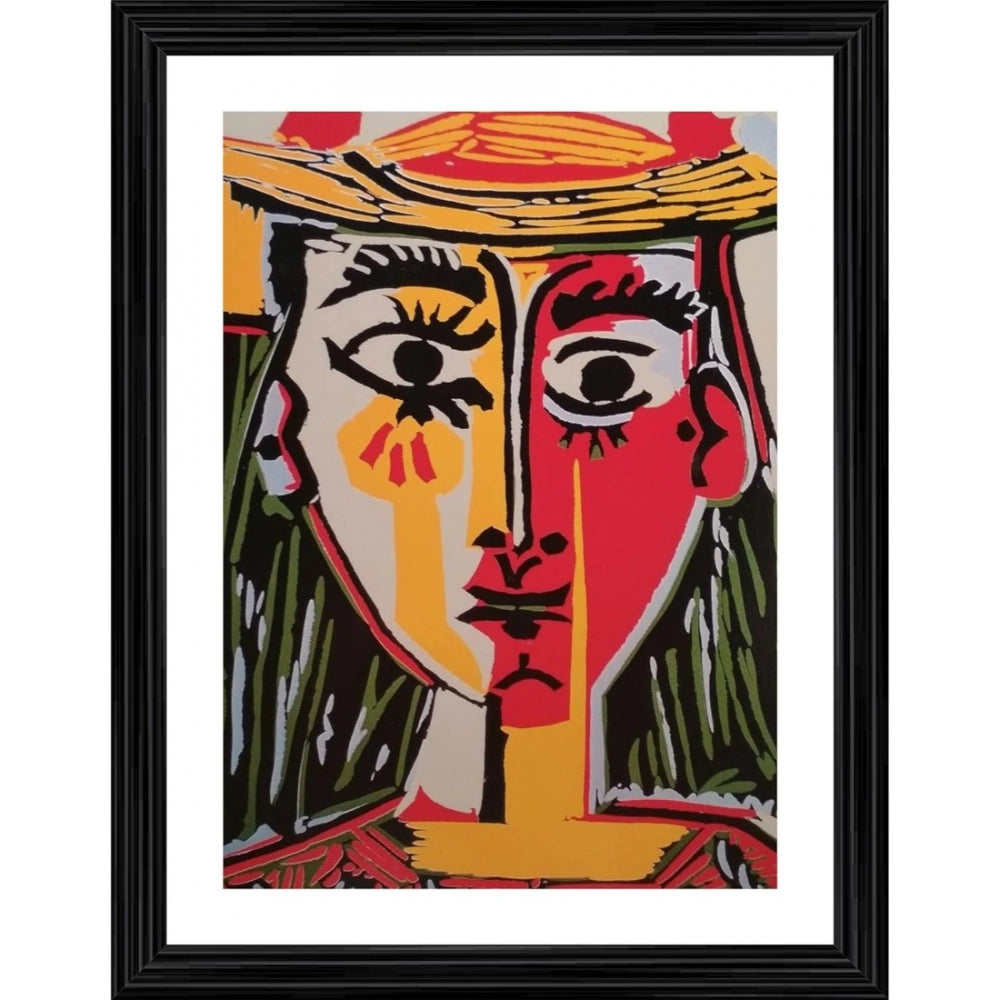 Multicolor wood framed painting of a woman in a hat (14x18"), lightweight for wall mount