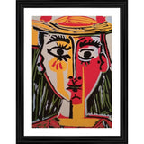 Multicolor wood framed painting of a woman in a hat (14x18"), lightweight for wall mount