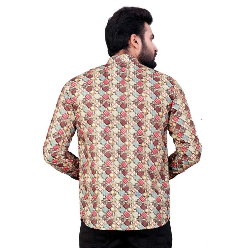 Multicolor cotton blended printed men's shortkurta with mandarin neck and full sleeves
