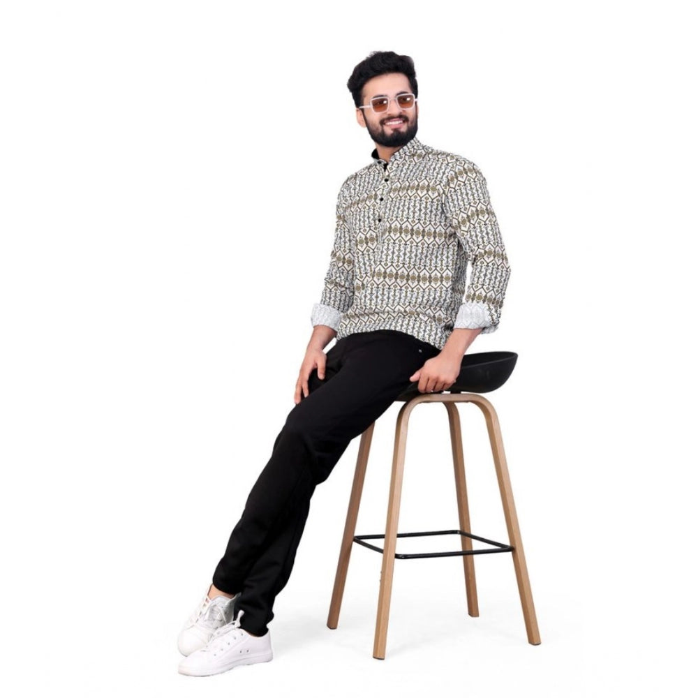 Men's cotton blended printed full sleeve shortkurta with multicolor print and mandarin neck on display stand