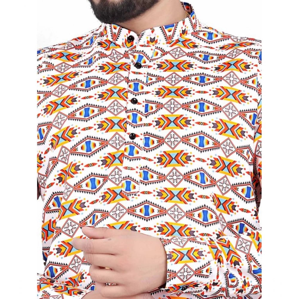 Multicolor cotton blended men's short kurta with mandarin neck and full sleeves, intricate printed design