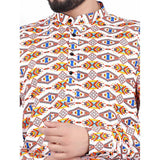 Multicolor cotton blended men's short kurta with mandarin neck and full sleeves, intricate printed design