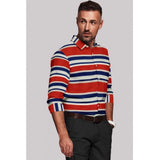 Red-Blue striped cotton blended men's shirt with regular collar and full sleeves