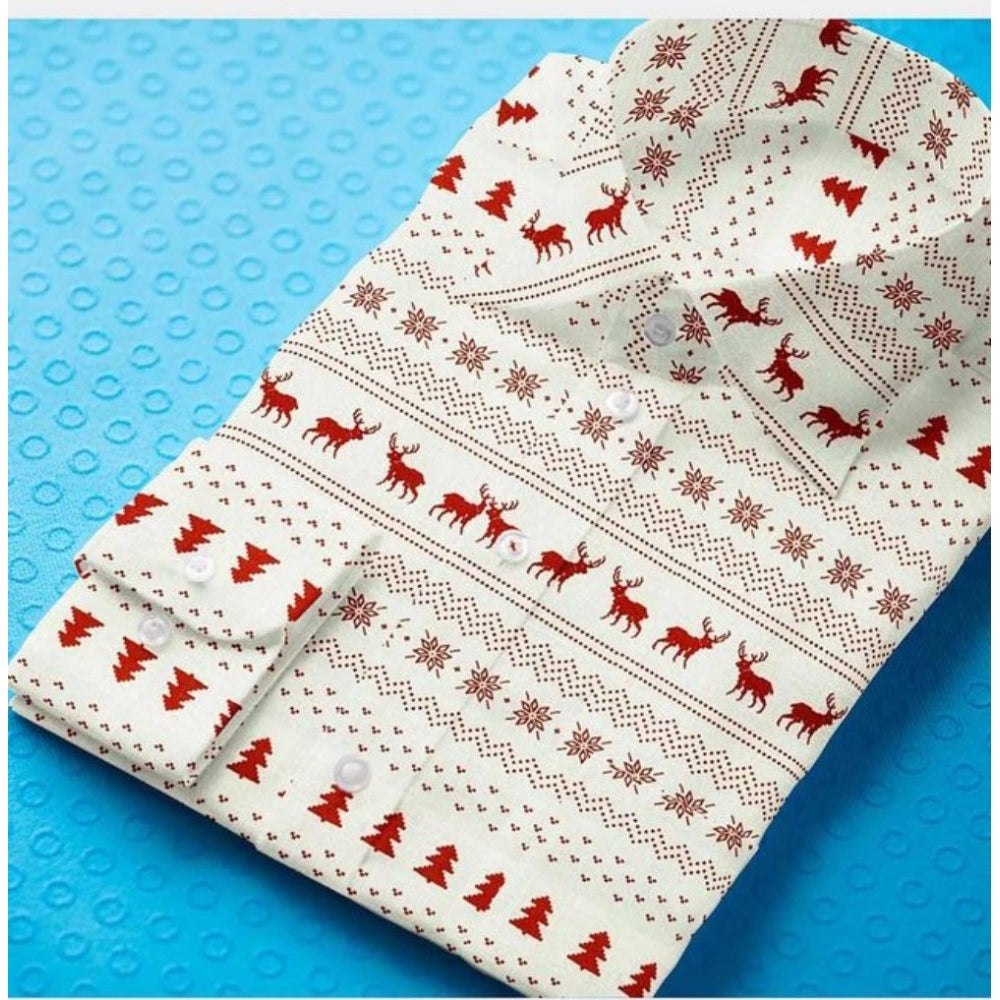 White-Red cotton blended printed full sleeve shirt for men on a hanger