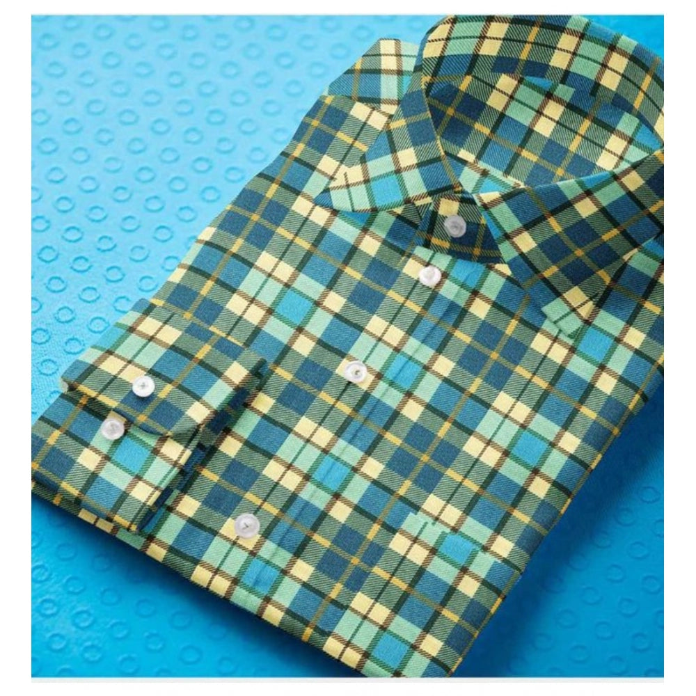 Green-Yellow cotton blended checked full sleeve shirt for men on hanger