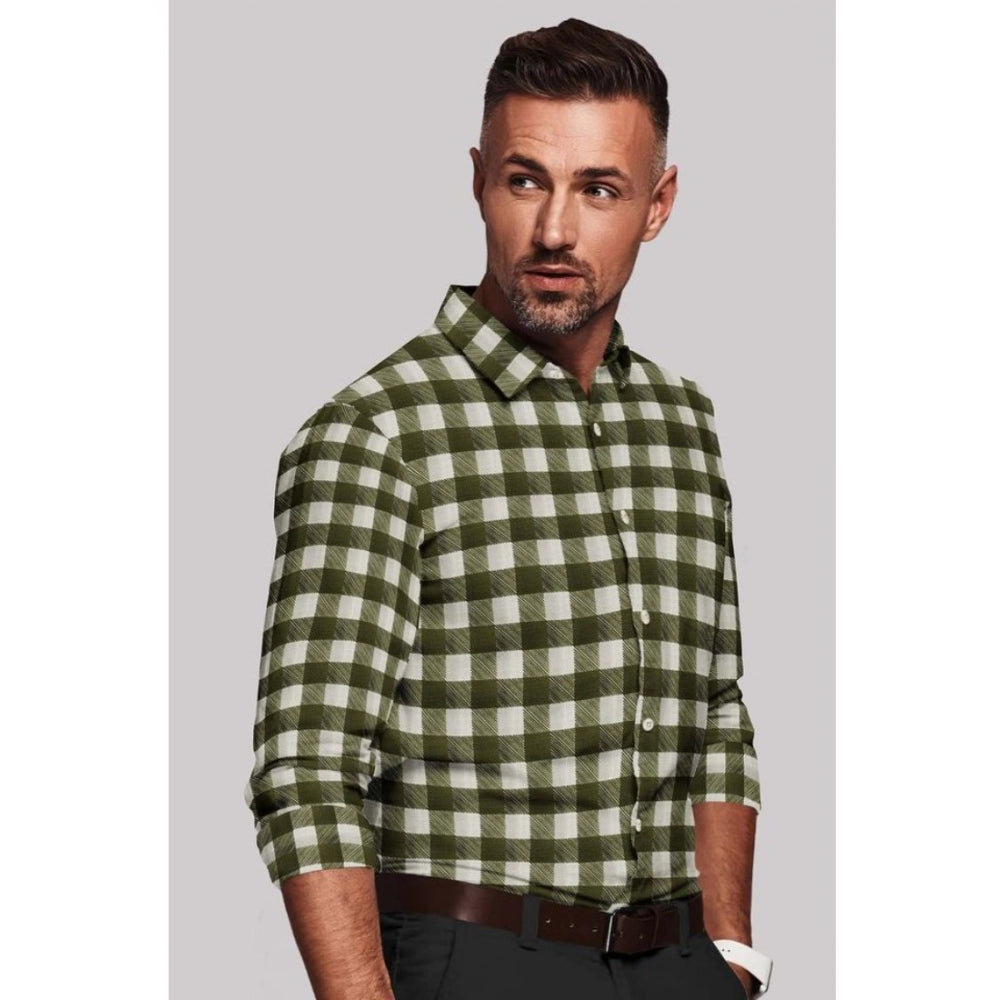 White-Green cotton blended checked full sleeve shirt for men on a hanger