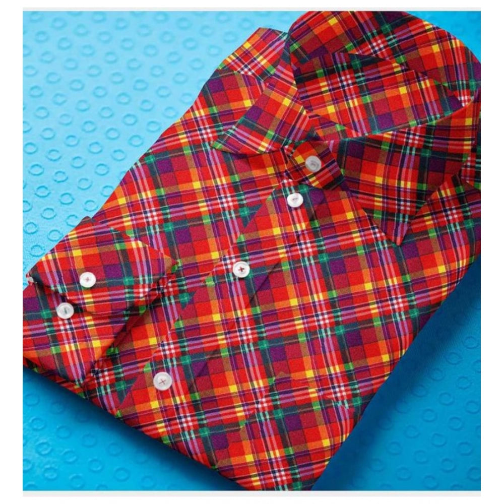 Red cotton blended checked full sleeve shirt for men on hanger