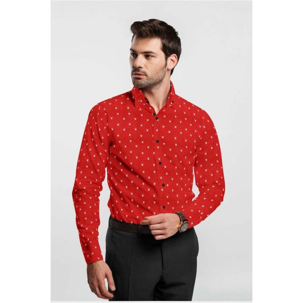 Red cotton blended printed full sleeve shirt for men on hanger