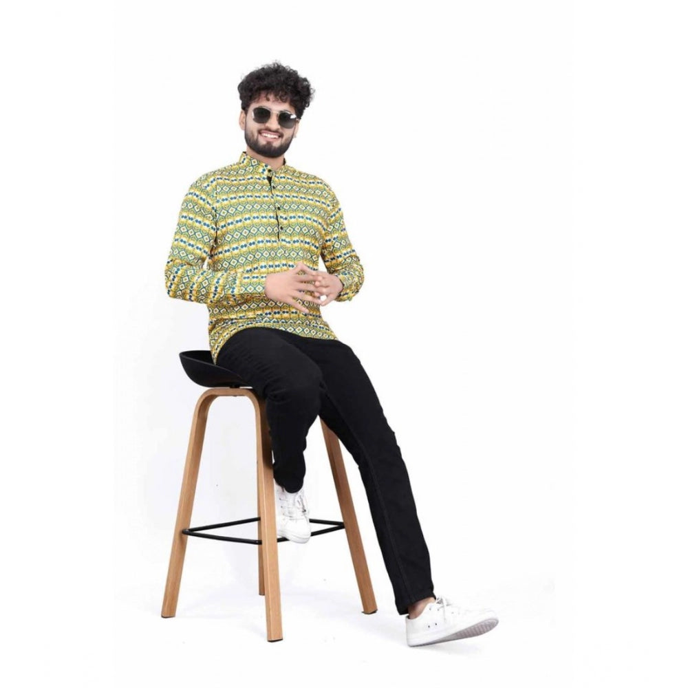 Multicolor cotton blended printed men's shortkurta with mandarin neck and full sleeves