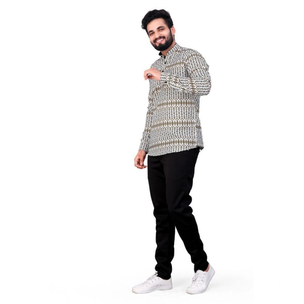 Multicolor cotton blended printed full sleeve shortkurta for men on mannequin