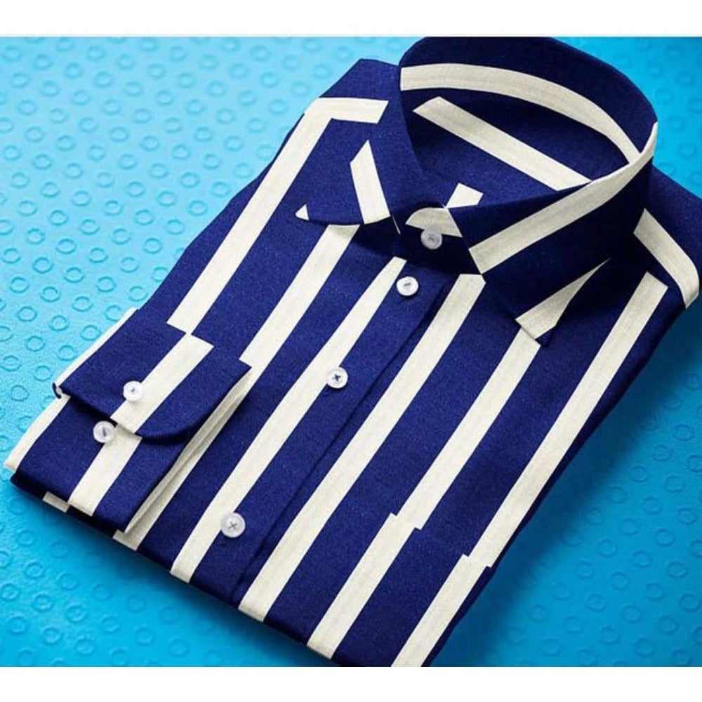 White-Blue striped cotton blended full sleeve shirt for men on display