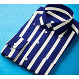 White-Blue striped cotton blended full sleeve shirt for men on display