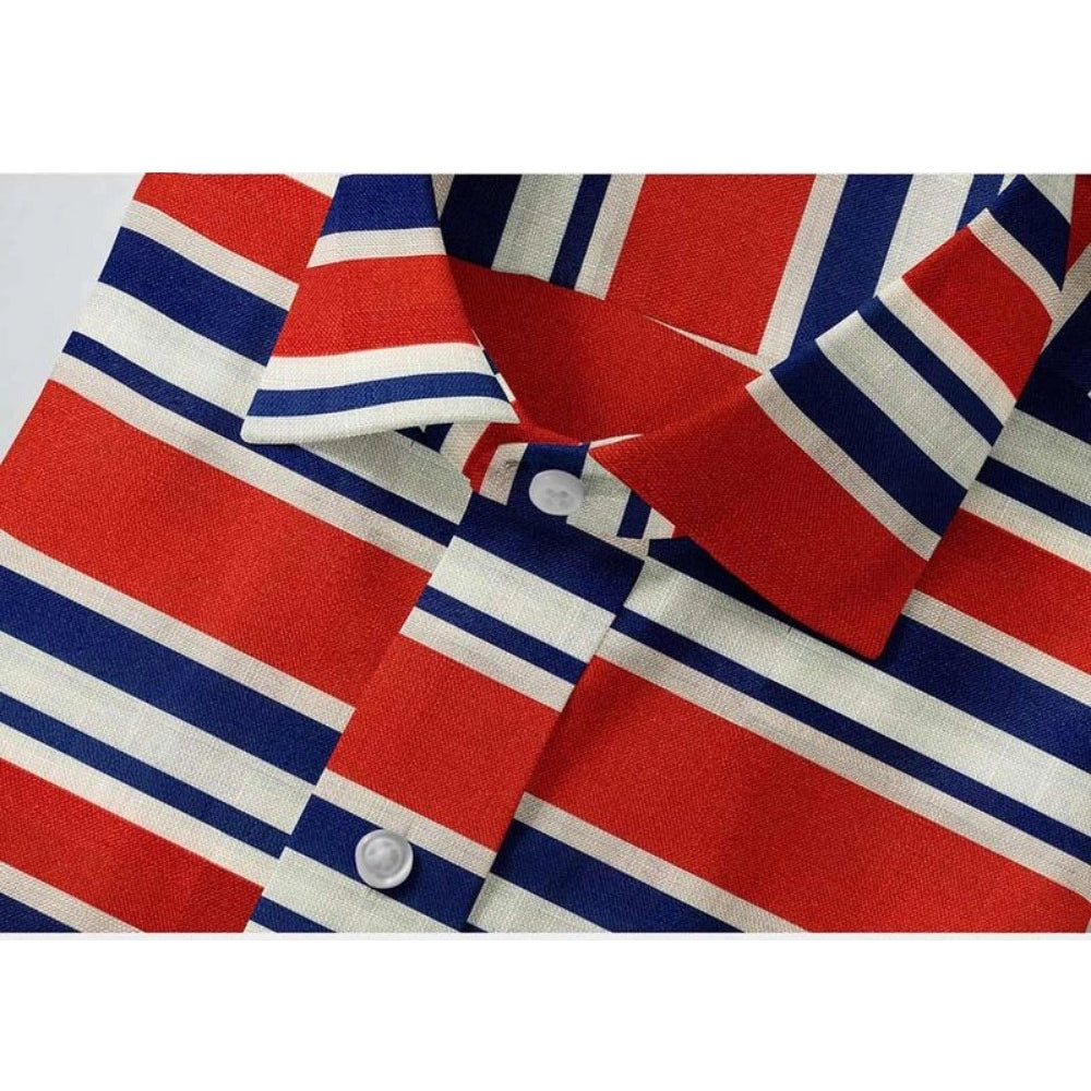 Red-Blue striped cotton blended men's full sleeve shirt on hanger