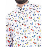 Men's cotton blended printed full sleeve multicolor shortkurta with mandarin neck on display stand