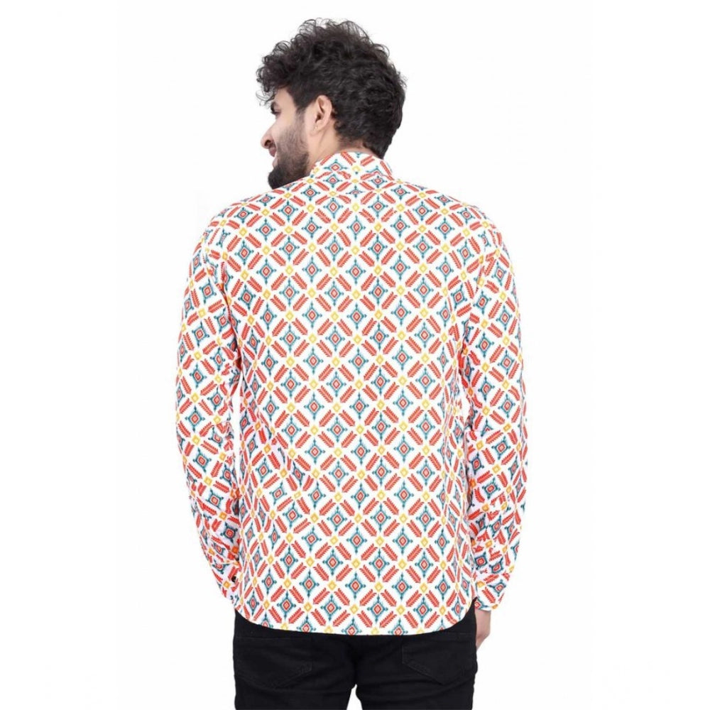 Multicolor printed cotton blended men's short kurta with mandarin neck and full sleeves
